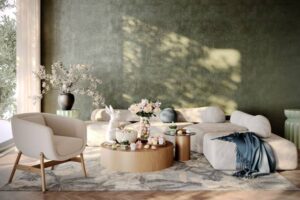 3d render visualization of spring view of modern and cozy living room. On the coffee table Easter decorations, a bouquet of flowering fruit branches. Green wall, contemporary furniture, white sofas and a white armchair on a light carpet.